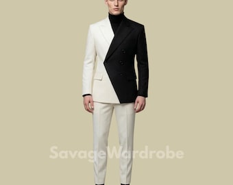 Black White Split Suit Men, Two Tone Double Breasted Blazer, Modern Groom Wedding Suit, Designer Formal Outfit Menswear.