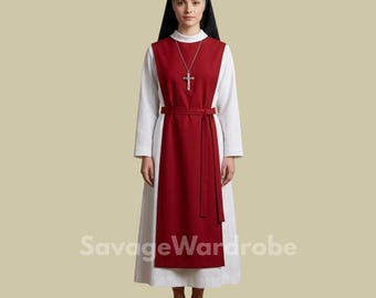 Catholic Nun Costume for Women – Red and White Religious Outfit, Nun Habit Dress, Church Costume, Halloween Cosplay, Christian Apparel.