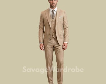 Mens Beige Three Piece Suit Slim Fit | Tan Wedding Suit for Groom | Modern Formal Prom Suit | Groomsmen Tux Alternative