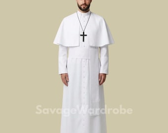 Catholic Priest Costume for Men – White Clergy Robe, Religious Outfit, Church Costume, Priest Cassock, Christian Cosplay, Halloween Costume