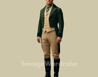 Regency Era 3 Piece Suit for Men – Green Tailcoat Vintage Outfit, Bridgerton Style Costume, Victorian Gentleman Suit, Wedding Groom Attire