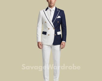 Mens Two Tone Suit, White and Navy Blue Suit, Modern Double Breasted Suit, Groom Wedding Suit, Prom Suit for Men, Stylish Formal Suit.