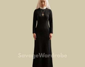 Vestido negro de monja para mujer – Atuendo religioso modesto, hábito de monja católica, disfraz gótico de Halloween, vestido modesto de manga larga