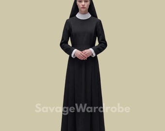 Black Nun Habit Dress for Women – Traditional Religious Robe, Long Sleeve Modest Maxi Dress, Clergy Inspired Clothing, Christian Costume
