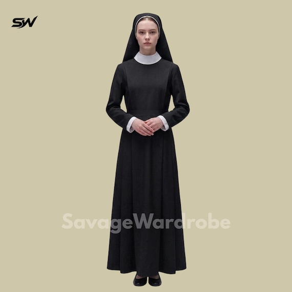 Black Nun Habit Dress for Women – Traditional Religious Robe, Long Sleeve Modest Maxi Dress, Clergy Inspired Clothing, Christian Costume
