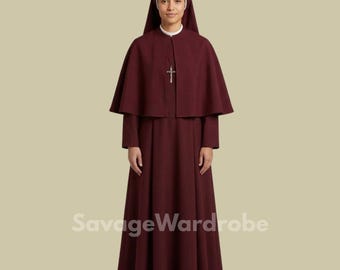 Catholic Nun Habit Dress, Traditional Religious Nun Robe, Burgundy Nuns Habit Costume, Christian Clergy Robe, Church Religious Clothing