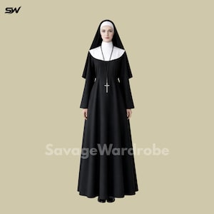 May include: A black nun costume with a white collar, wimple, and veil. A silver cross hangs from a black cord. The text "SavageWardrobe" is printed on the bottom of the dress.