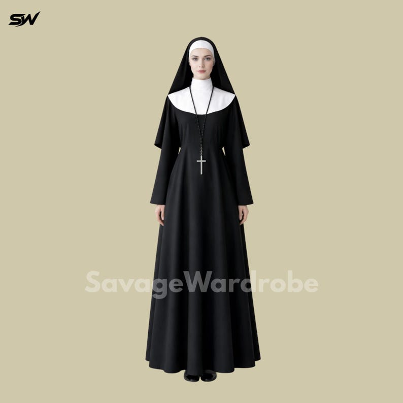 May include: A black nun costume with a white collar, wimple, and veil. A silver cross hangs from a black cord. The text "SavageWardrobe" is printed on the bottom of the dress.