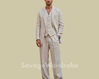 Men’s Linen 3 Piece Suit – Beige Summer Wedding Suit for Groom – Lightweight Linen Blazer Vest Pants Set – Modern Slim Fit Formal Outfit