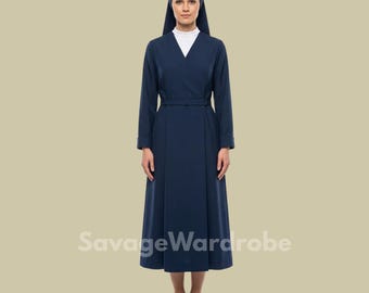 Navy Blue Nun Habit Dress with Veil – Modest Wrap Style Clergy Dress with Belt, Catholic Sister Uniform, Religious Cosplay Costume.