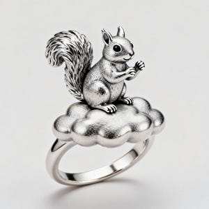 スターリングシルバーのリスの雲のリング、彫刻的な動物のバンド、気まぐれなジュエリー
