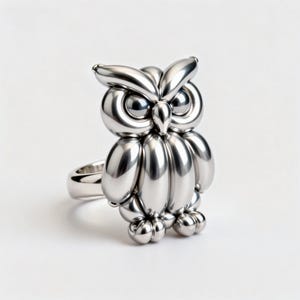 May include: A polished silver-toned ring featuring a three-dimensional owl design. The owl is crafted with smooth, rounded segments that resemble balloon art, showcasing large circular eyes, a pointed beak, and a rounded body with small feet.
