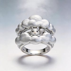 以下が含まれることがあります： 雲の中にリスがデザインされたシルバーリング。 リングは磨かれたバンドと、テクスチャ加工された雲のモチーフが特徴です。 リスは可愛らしい顔とふわふわの尻尾をしています。 ユニークなジュエリーです。