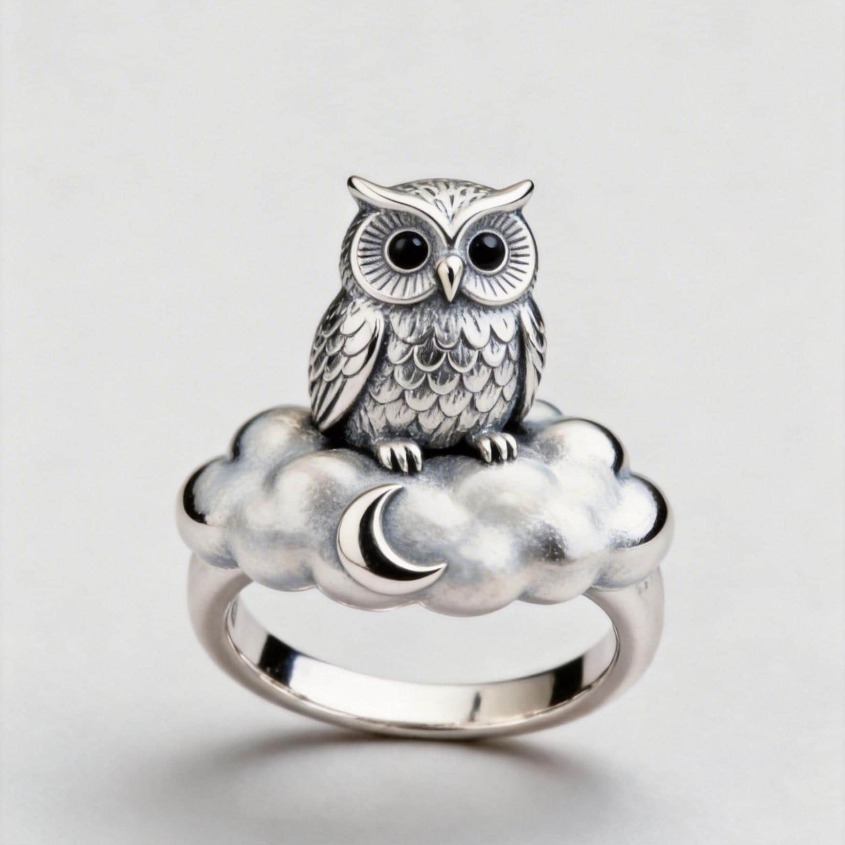 Sterling Silver Owl Cloud Moon Ring, Whimsical Night Sky Jewelry