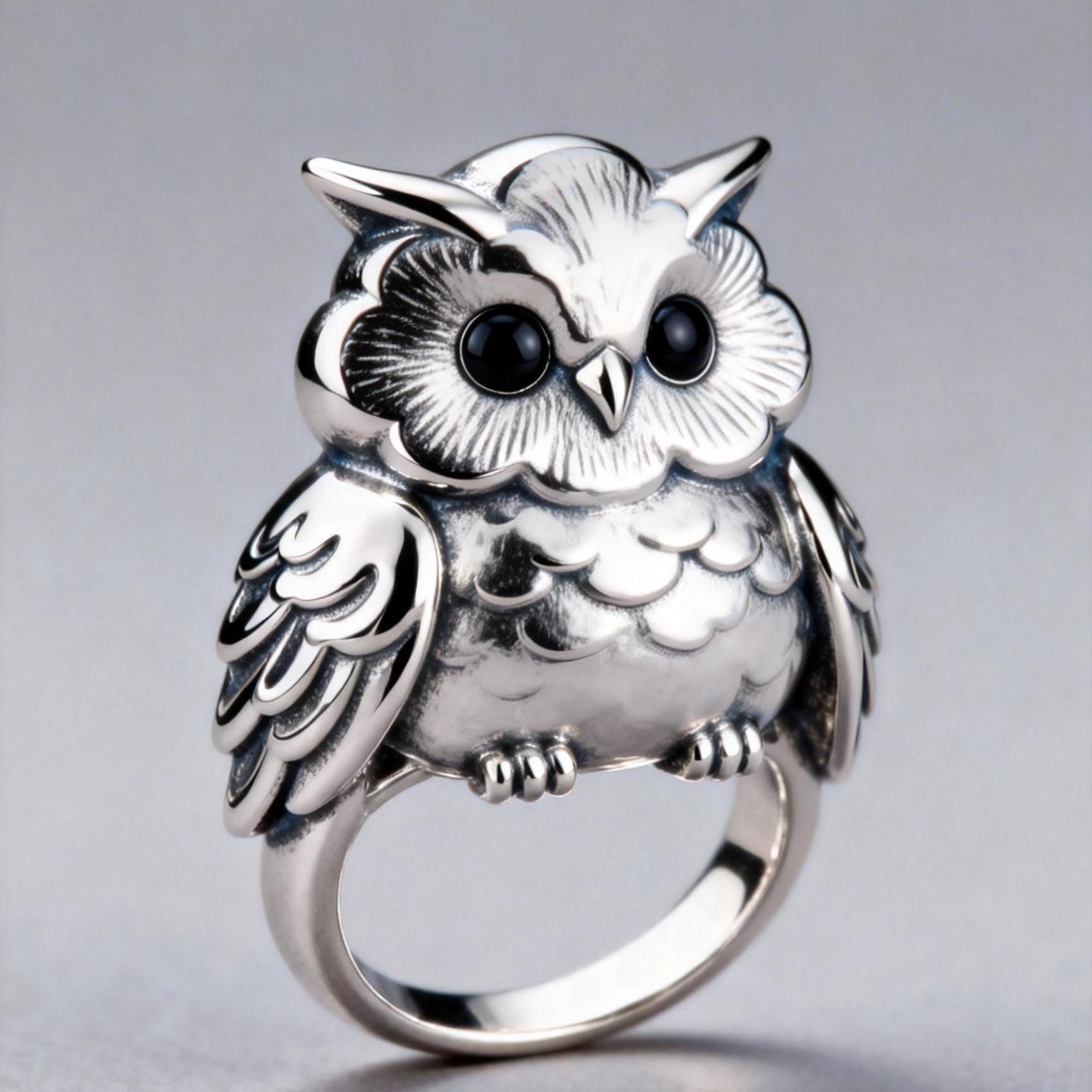 Handmade Sterling Silver Owl Ring, Puffy Animal Design, Cute Sculptural Owl Band, Custom Size