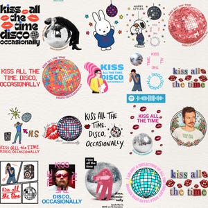 May include: A collage of stickers and graphics with a disco theme. The designs include disco balls, lips, and text that reads "Kiss All The Time, Disco, Occasionally." There are also images of Harry Styles and other pop culture references.