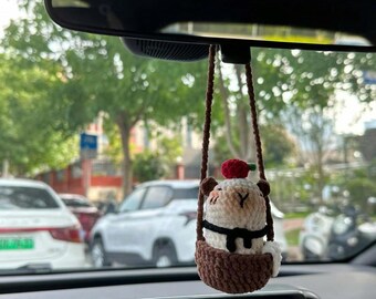 Adorno colgante de capibara de ganchillo para coche, lindo accesorio de espejo retrovisor de capibara amigurumi, dije de capibara para conducir, dijes para coche