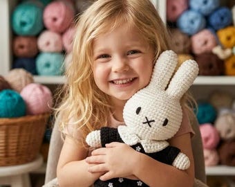 Handgjord virkad Miffy-docka, amigurumi-kanin med svart blommig klänning, sött gosedjur, mjuk plyschleksak, personlig present till barn