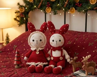 Virkat kaninpar till jul, festlig amigurumi-kaninplysch, babyshowerpresent till högtiden, juldekorationer för barnkammaren, rödvit mjukisdjur