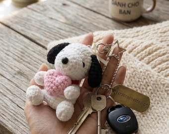 Handmade Crochet Dog Keychain with Heart, Snoopy Inspired Amigurumi Bag Charm