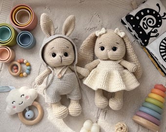 STOR REA Handgjord virkad kaninplysch, anpassad amigurumi kanindocka, mjuk gosedjursleksak för babyshowerpresent, personligt barnrum