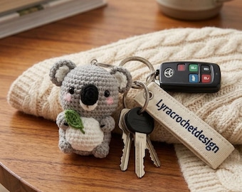 Handmade Crochet Koala Keychain, Amigurumi Bag Charm, Australia Animal Keyring, Leaf Detail