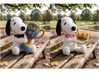 STOR REA Handgjord Snoopy Amigurumi, Pappa #1 Mamma #1 Krona Gosedjur, Anpassad Fars Dag, Mors Dag-present, Virkad Beaglehund, Present till Nyblivna Föräldrar