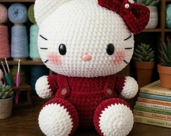 STOR REA Handgjord virkad Hello Kitty plysch, sammetsamigurumi-leksak med rosa overaller, personlig babyshowerpresent, kawaii barnrumsdekor