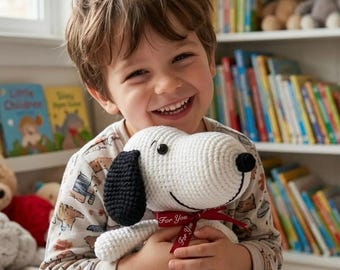Snoopy Virkad Plysch, Amigurumi Hund Gosedjur, Handgjord Snoopy Leksak, Present till Barn, Quinly Virkad Design, Mjuk Stickad Barnrumsdekoration