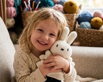 Virkad Miffy-docka, handgjord amigurumi-kanin i vit klänning, söt gosedjurskanin, mjuk plysch, personlig present till barn/barnrumsinredning