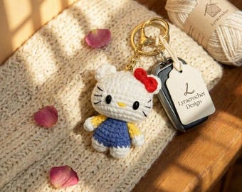 Handgjord vattenmelon kattunge virkad nyckelring, amigurumi katt plyschväska berlock, personlig frukttema present, anpassat gosedjurstillbehör