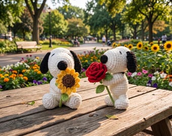 Handgjord Snoopy virkad amigurumi med rosenblomma, personligt gosedjur med hund, personlig alla hjärtans dag-present, babyshower-minne