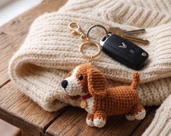 Virkad taxnyckelring, handgjord korvhundväska-berlock, amigurumi-pudelhundgåva, personlig valpnyckelring, unikt husdjurstillbehör
