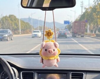 Adorno colgante de cerdito de ganchillo para coche, lindo cerdito amigurumi para espejo retrovisor, accesorio de cerdito girasol para espejo retrovisor, regalo para coche, dijes para coche
