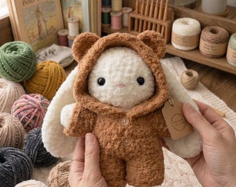 Velvet Crochet Bunny Plushie, Long Eared Rabbit in Bear Hoodie, Amigurumi Stuffed Animal, Lyra Crochet