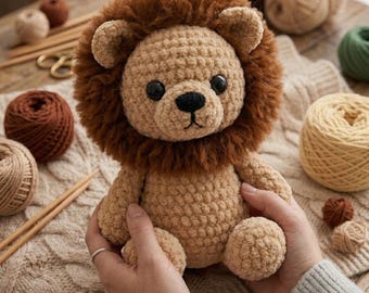 STOR REA Handvirkad lejon-amigurumi-leksak, gosedjur i chenillegarn, safari-barnrumsdekor