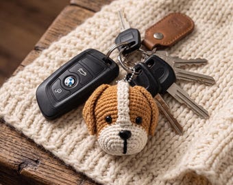 STOR REA Virkad valpnyckelring, handgjord amigurumi hundväska-berlock, personlig valppresent, söt djurnyckelring, personlig hund, unik present