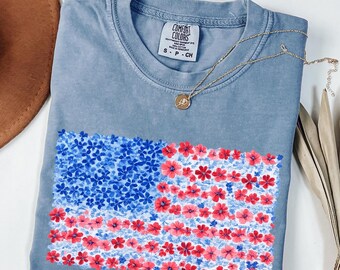 Comfort Colors Floral USA Flag Shirt, Floral American Flag Shirt, Womens USA Shirt