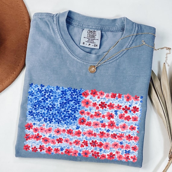 Comfort Colors Floral USA Flag Shirt, Floral American Flag Shirt, Womens USA Shirt
