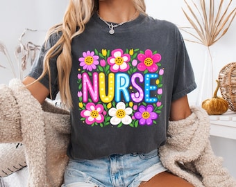 Comfort Colors Nurse Shirt, Floral RN Tee, Nurse Gift