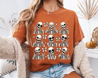 Retro Halloween Funny Skeleton Bow Shirt, White Halloween Skeleton Outline Shirt, Spooky Halloween Shirt, Spooky Shirt, Distressed Skeleton