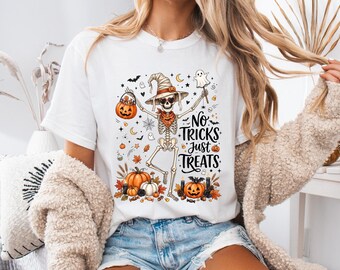 Comfort Colors® No Trick Just Treat Halloween Shirt, Skeleton Shirt, Halloween Shirt, Pumpkin Shirt, Skeleton Halloween T-Shirt