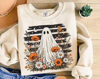 Retro Celestial Floral Ghost Sweatshirt, Halloween Graphic Sweatshirt Cute Ghost with Wildflowers - Vintage Style