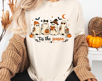Comfort Colors® Tis The Season Halloween Shirt, Retro Ghost TShirt, Women's Halloween Tee, Pumpkin Season Shirt, Cute Pumpkin Ghosts T Shirt
