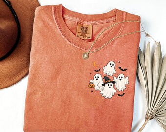 Comfort Colors® Cute Ghost and Bat Halloween Shirt, Spooky Pocket Ghosts Shirt, Retro Halloween Shirt