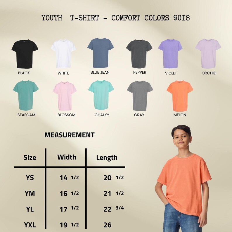 May include: A youth t-shirt in melon color is modeled. The image displays a color chart of available t-shirts in black, white, blue jean, pepper, violet, orchid, seafoam, blossom, chalky, and gray. Measurement chart shows sizes and dimensions.
