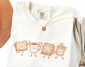 Comfort Colors Cute Book Lover Shirt, Reading Doodle Friends Shirt, Coffee Mug Candle Blanket Book Shirt, Bookish Shirt, Reader Shirt