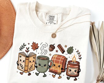 Cute Book Lover Shirt, Reading Doodle Friends Shirt, Coffee Mug Candle Blanket Book Shirt, Bookish Shirt, Reader Shirt