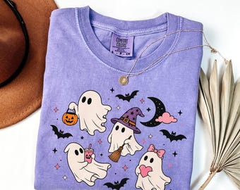 Comfort Colors® Cute Ghost and Bat Halloween Shirt, Spooky Pocket Ghosts Shirt, Retro Halloween Shirt