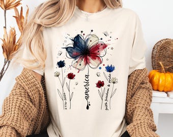 USA 250th Anniversary Floral Shirt, 1776–2026, Comfort Colors Patriotic Wildflower Tee, America 250 Years Freedom 4th of July Tee Women Boho